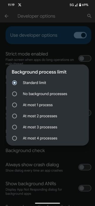 Screenshot of the number of background process limit 