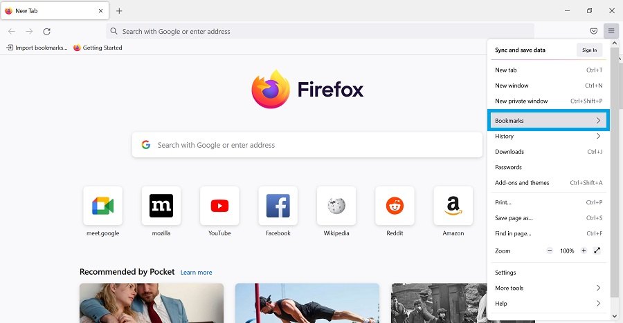 bookmarks in hamburger menu firefox