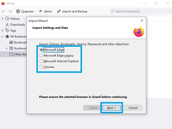 choose browser import bookmarks firefox