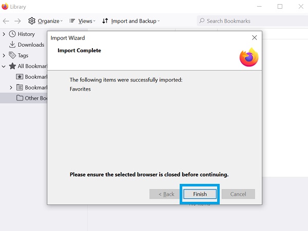 finish import bookmarks firefox