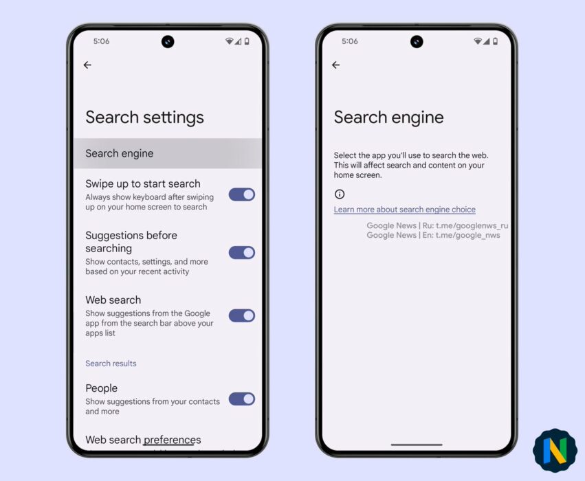 Screenshot of the new Search Engine change feature on the Pixel Launcher