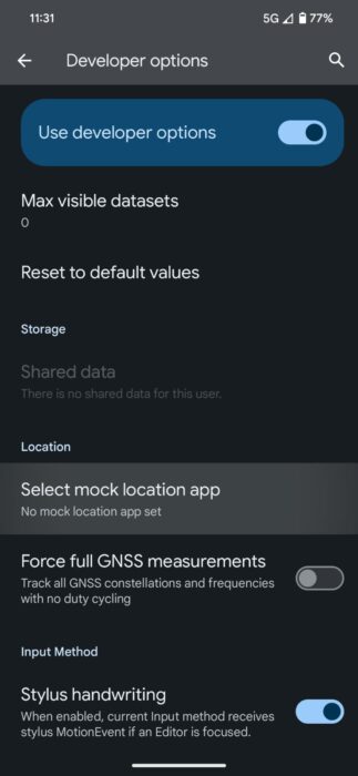Screenshot of Select Mock Location setting in developer options