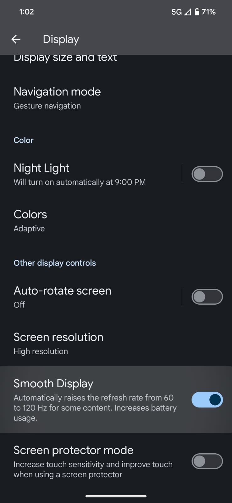 Screenshot of smooth display setting which increases the refresh rate