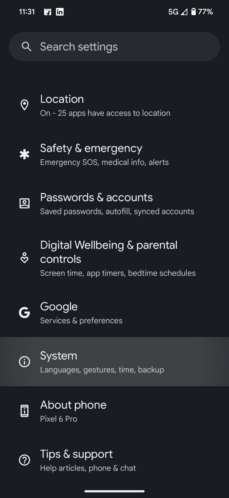 Screenshot of System settings