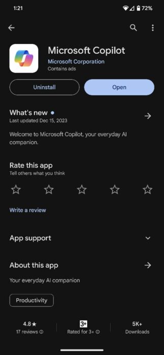 Screenshot of Windows Copilot app