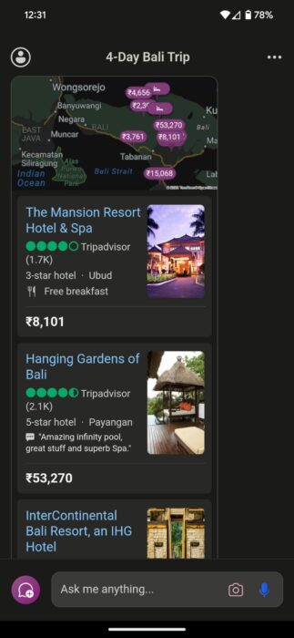 Screenshot of the list of hotels