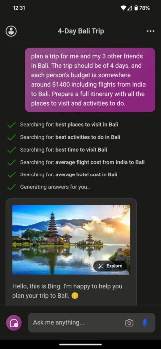Screenshot of Windows Copilot planning the Bali trip 1