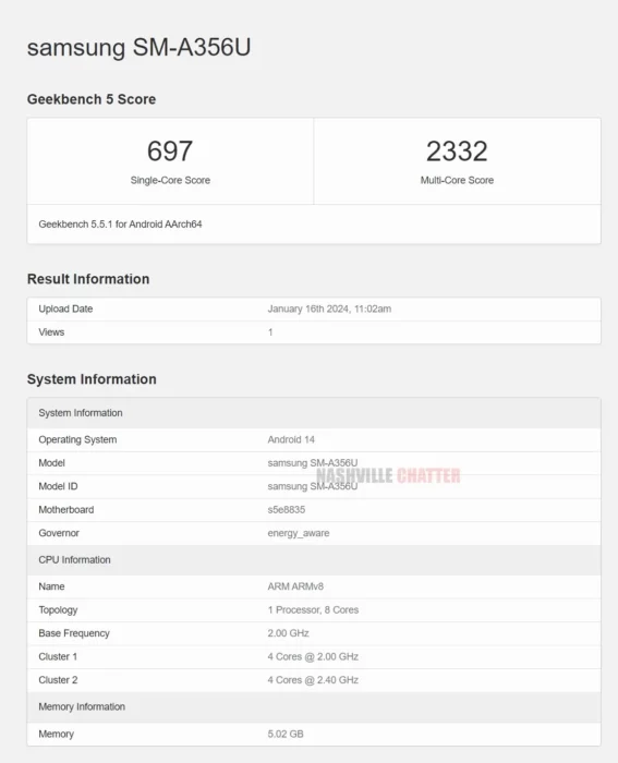 Screenshot of the Geekbench results of Exynos 1380